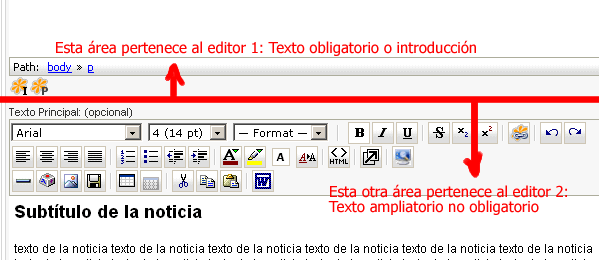 2 editores wysiwyg para texto obligatorio o de introducci�n y para texto ampliatorio o no obligatorio