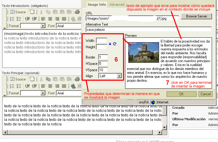 vista previa y selecci�n de propiedades de la imagen colocada en FCKEditor