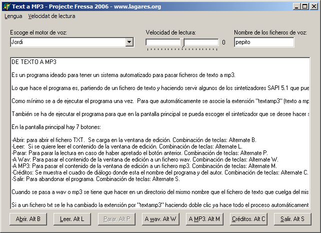 Pantalla del programa Text a Mp3