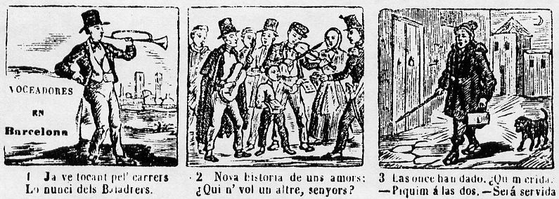 Les tres primeres vinyetes d'una auca dels Baladrers com les que s'esmenten més amunt. Impresa per Viuda de Antonio Llorens, carrer de La Palma de Santa Catalina, núm 6. Observeu l'ús del castellà. Les primeres auques de baladrers portaven únicament una línia de text.