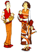 imatge decorativa on es veuen uns pares xerrant entre ells, amb nadons als braços