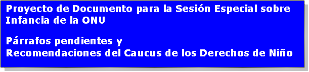 Cuadro de texto: Proyecto de Documento para la Sesin Especial sobre Infancia de la ONU
Prrafos pendientes y
Recomendaciones del Caucus de los Derechos de Nio
