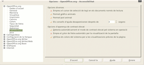 Pantalla d'opcions d'accessibilitat de l'OpenOffice