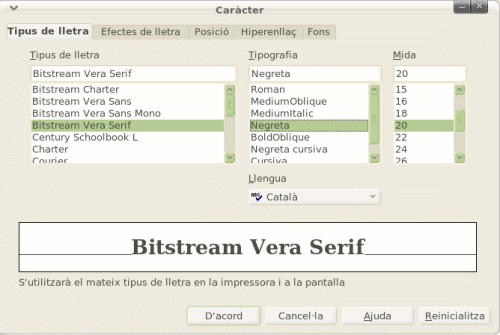 Pantalla de canvi de Tipus de lletra a l'OpenOffice