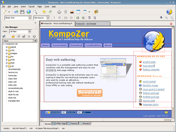 Captura de l’editor NVU/Kompozer