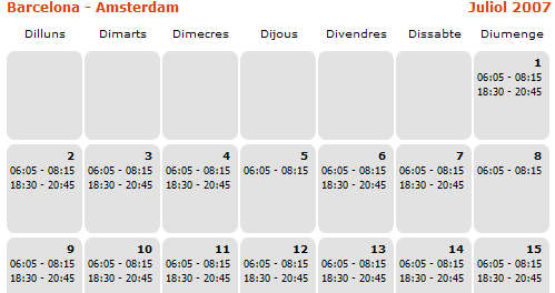 Exemple de taula: horaris de vol Barcelona-Amsterdam