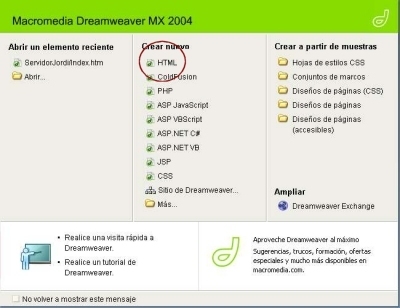 Carregar el programa Dreamweaver MX 2004