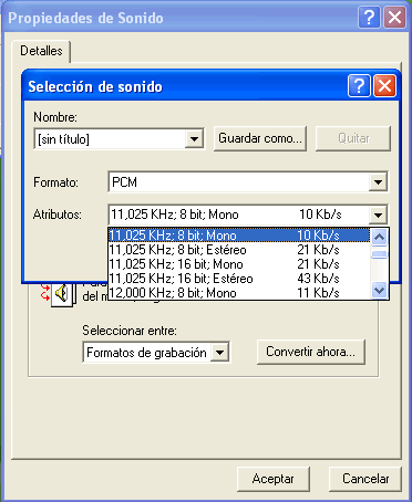  Opció 11,025 Hz;8bit;Mono;10Kb/s