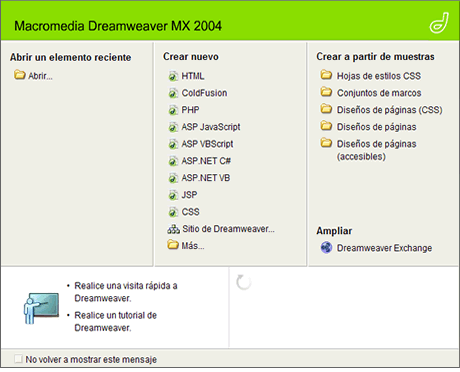 Pantalla de benvinguda del Dreamweaver MX 2004