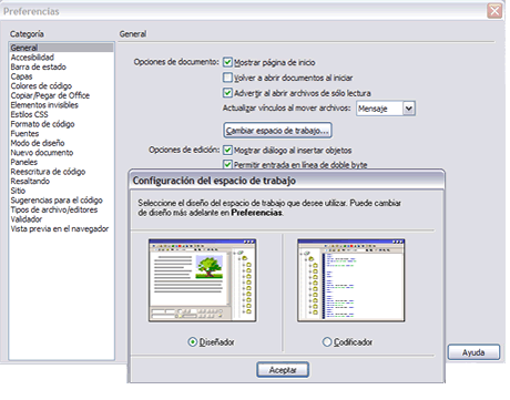 Pantalla Preferencias Configuracin del espacio de trabajo