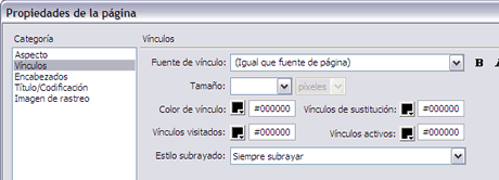 Propietats de la pàgina - Vincles