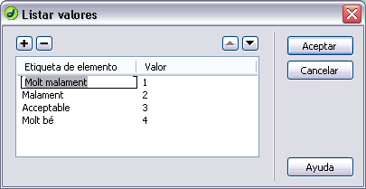 Finestra Listar valores