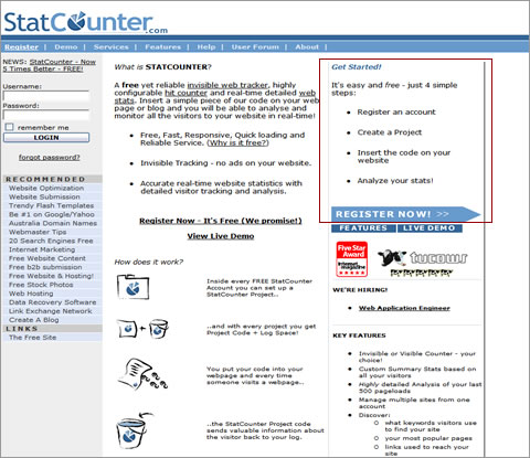 StatCounter. Inici del procés de registre