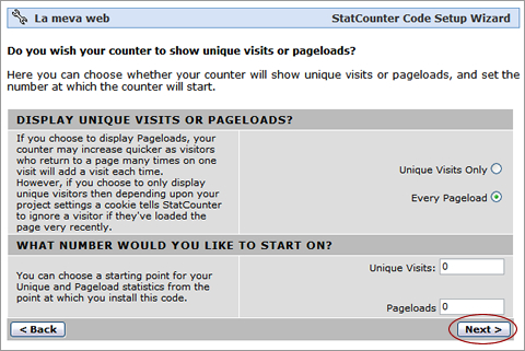 StatCounter. Paràmetres del comptador