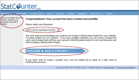 StatCounter. Compte creat. Inici de creació d'un projecte