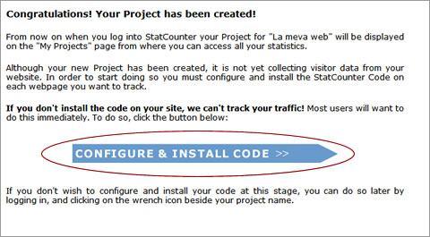 StatCounter. Projecte creat. Configuració