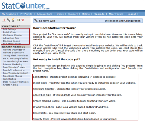 StatCounter. Opcions de configuració del comptador