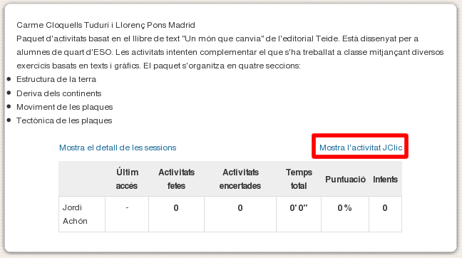 Activitat JClic vista des del rol de professorat.