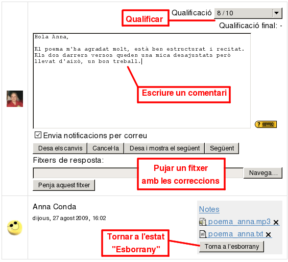 Finestra de qualifiaaci d'una tasca de crrega avanada de fitxers.
