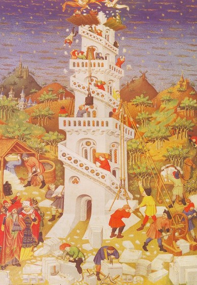 Construcci&oacute;n de la torre de Babel. Libro de Horas del duque de Bedford (Londres, British Library). 1423.
