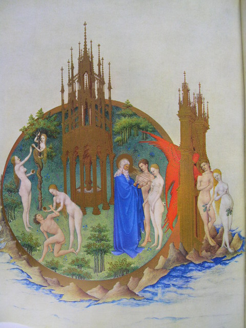 Hermanos Limbourg. Caida y expulsión  del paraiso. Muy ricas Horas del duque de Berry (Chantilly, Museo Condé). 1415-1416. 