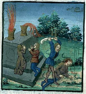 Sacrificio de Caín y abel y muerte de Abel. Biblioteca Municipal de Lyon. Incunable Rés. Inc. 57, fol. 11. Hacia 1498.
