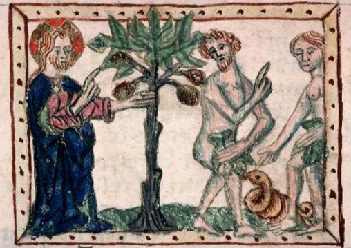 Vergüenza de Adán y Eva. Biblioteca Municipal de Lyon. Manuscrito 1351, fol. 49v. Siglo XIV.
