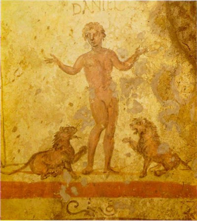 Daniel en el foso de los leones. Catacumbas de  Calixto (Roma). Siglo III.