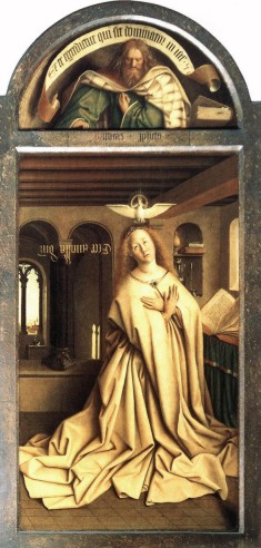 Jan Van Eyck. La Anunciación. Retablo de la Adoración del cordero (Gante, iglesia de San Bavón).  1432.  