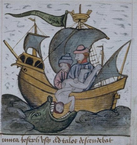 Jonás arrojados por la borda. Biblioteca Municipal de Lyon. Manuscrito 245, fol. 147. Hacia 1472.