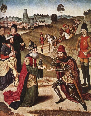 Dieric Bouts. Encuentro de Abraham y Melquisedech (Lovaina, iglesia de San Pedro).  1464-1467.