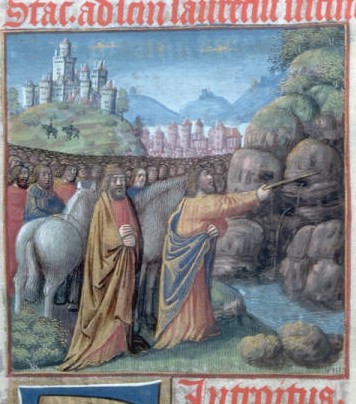 Moisés hace brotar agua de la roca. Biblioteca Municipal de Lyon. Manuscrito 514, fol. 71. Finales del siglo XV.