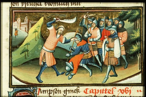 Biblioteca Nacional de Holanda. Sansón mata a mil Filisteos. Manuscrito KB 78D 38I. Hacia 1430.