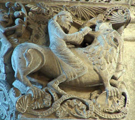 Sansón desquijarrando al león. Capitel de la iglesia de San Lázaro de Autun (Francia). Siglo XII.