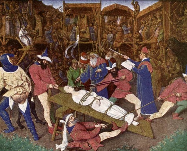 Jean Fouquet. Martirio de Santa Apolonia. Libro de Horas de Etienne Chevalier (Chantilly, Museo Condé).  1452-1460.