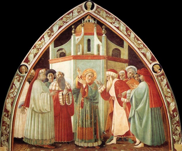Paolo Ucello. San Esteban discutiendo con los judíos (Prato, catedral). 1435. 