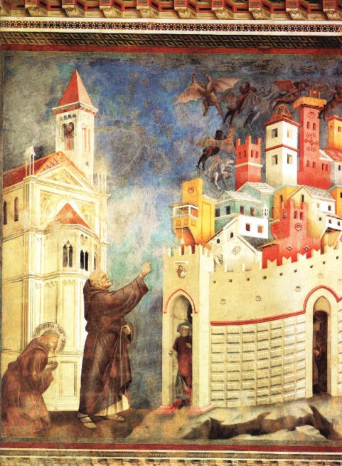 Giotto di Bondone. San Francisco expulsa a los demonios de la ciudad de Arezzo  (Asís, basílica de San Francisco). 1297-1300. 