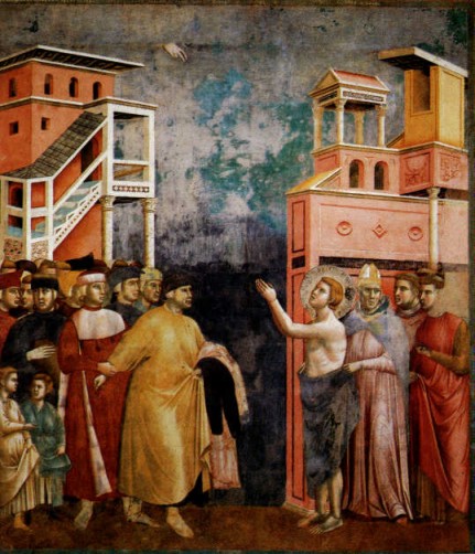 Giotto di Bondone. Francisco renuncia a los bienes materiales (Asís, basílica de San Francisco). 1297-1300. 