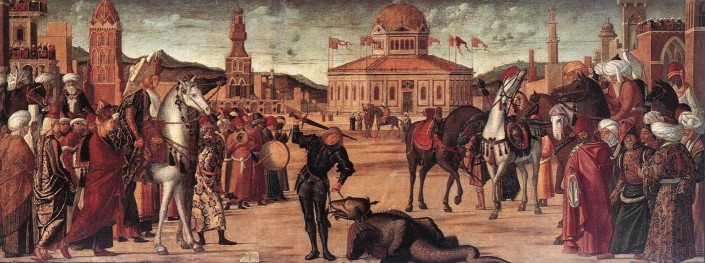 Vittore Carpaccio. San Jorge mata al dragón ante los habitantes de Silca (Venecia,  Scuola di San Giorgio degli Schiavoni). 1502.