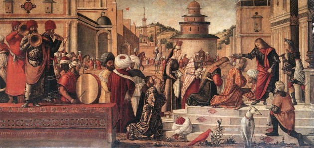Vittore Carpaccio. San Jorge bautizando a los habitantes de Silca (Venecia,  Scuola di San Giorgio degli Schiavoni). 1502.
