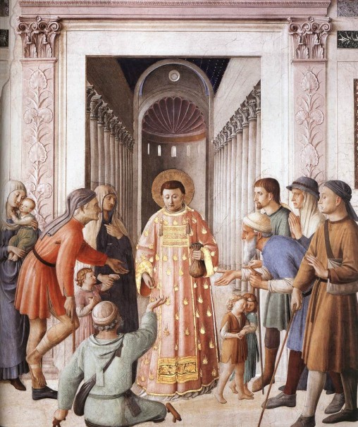 Fray Angelico. Lorenzo distibuye entre los pobres los bienes de la Iglesia  (Vaticano, capilla de Nicolás V). 1447-1449.