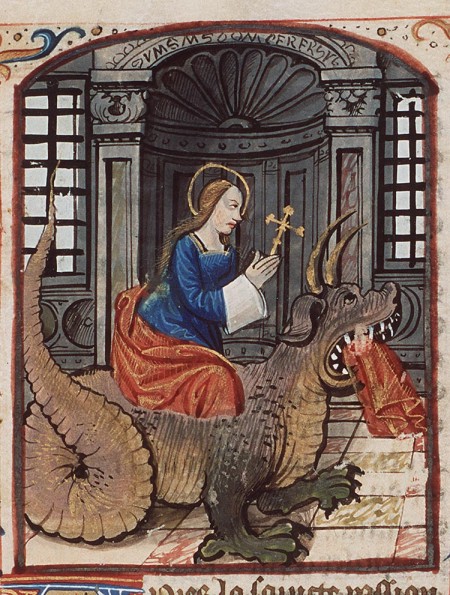 Santa Margarita emergiendo del interior del dragón. Biblioteca Nacional de Holanda. Manuscrito MMW, 10 F 17. Hacia 1490.
