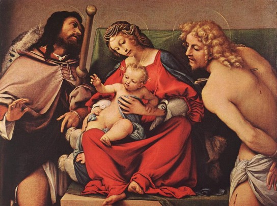 Lorenzo Lotto. La Virgen entre San Roque y San Sebastián (Florencia, colección Contini Bonacossi). 1522. 