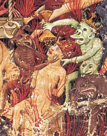 Rafael Destorrens. Juicio Final  (Misal de Santa Eulalia, catedral de Barcelona).  Principios del siglo XV. Detalle del infierno.