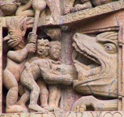 Tímpano de la portada de la iglesia de Santa Fe de Conques (Francia). Siglo XII. Detalle.