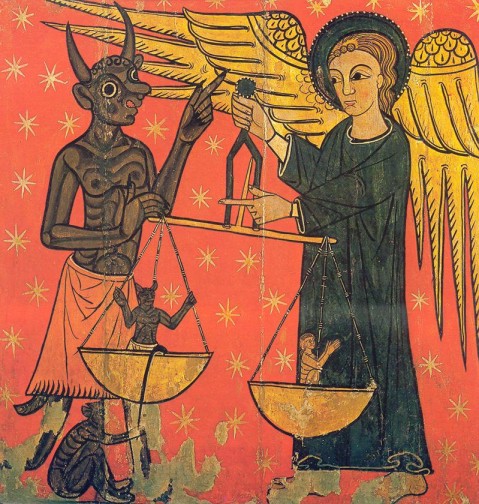 Psicostasis. Lateral de altar procedente de la Vall de Ribes (Vic, Museo Episcopal). Siglo XIII.
