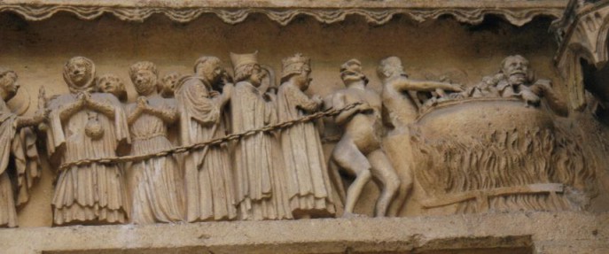 Juicio Final de la catedral de Reims (Francia). Condenados conducidos a la caldera infernal. Siglo XIII.