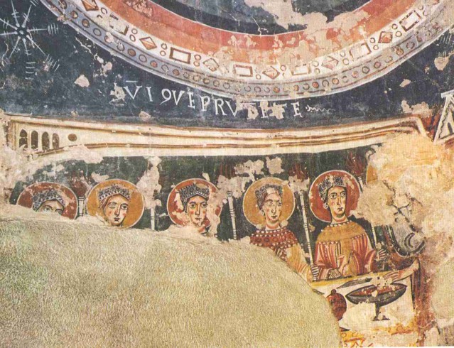 La parábola de las vírgenes prudentes y las vírgenes insensatas. Frescos de la iglesia de Sant Quirce de Pedret (Barcelona, MNAC). Finales del siglo XI.