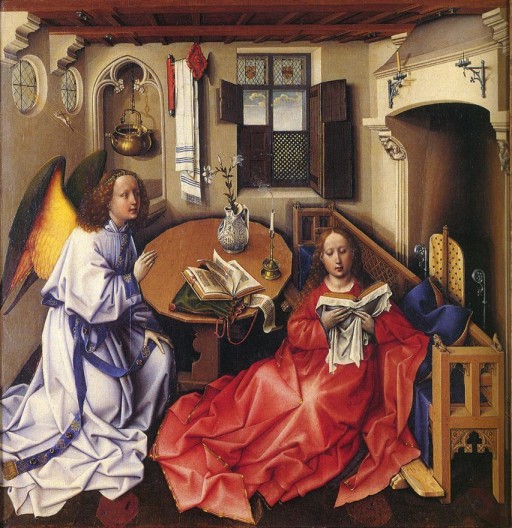 Robert Campin. La anunciación. Tríptico de Merode (Nueva York, Museo de los Claustros).  1427.