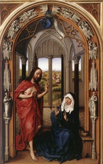 Roger van der Weyden. Aparición de Cristo a la Virgen. Tríptico de Miraflores (Berlín, Staatliche Museen). 1440.